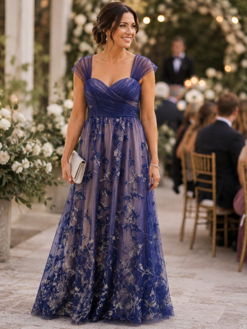 NWT Carmen Marc Valvo Infusion Embroidered Floral Formal Dress | Size 12 | Blue